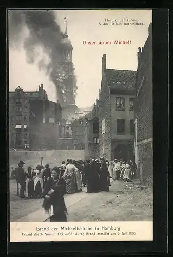 AK Hamburg-Neustadt, Brand der Michaeliskirche 1906 mit Passanten