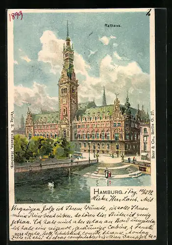 Künstler-AK Hamburg, Rathaus mit Uferpartie