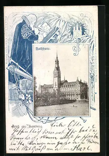AK Hamburg, Ansicht des Rathauses mit Uferpartie