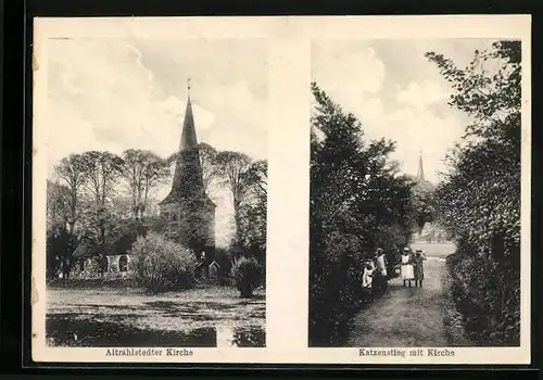 AK Hamburg-Altrahlstedt, Kirche und Katzenstieg mit Passanten