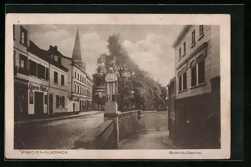 AK Mönchengladbach, Strassenpartie mit Zigarren-Fabrik und Balderich-Denkmal