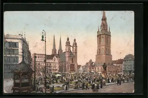 AK Halle, Markt mit Kirche und Denkmal