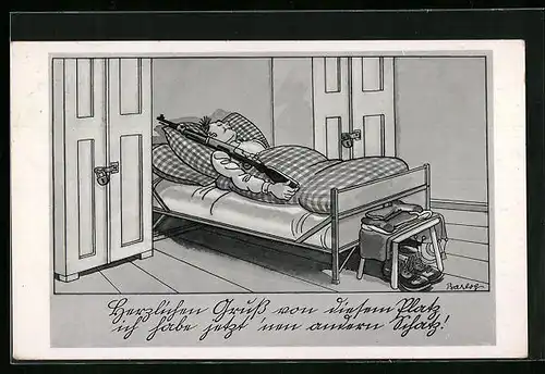 Künstler-AK Ferdinand Barlog: Soldat schläft mit Gewehr im Bett