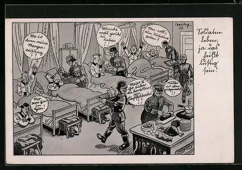 Künstler-AK Ferdinand Barlog: Soldaten bekommen Frühstück auf die Stube