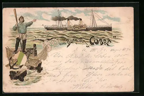 Vorläufer-Lithographie Dampfer Cobra gibt Volldampf, 1893, Schiffsbrüchiger Seemann