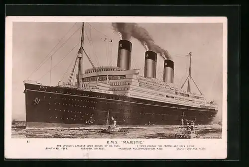 Künstler-AK Britisches Passagierschiff RMS Majestic heizt die Kessel an