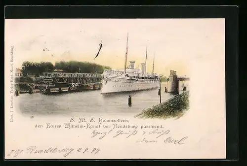 AK Kriegsschiff SMS Hohenzollern den Kaiser-Wilhelm-Kanal bei Rendsburg passierend