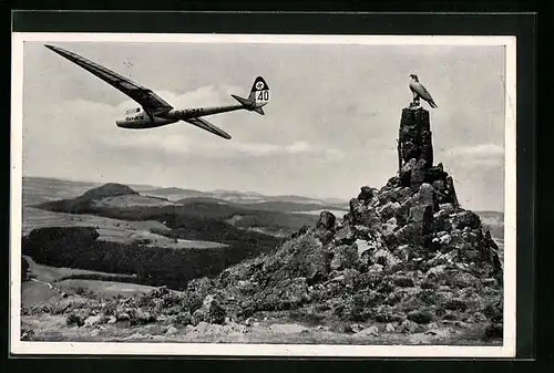 AK Wasserkuppe /Röhn, Segelflugzeug am Fliegerdenkmal