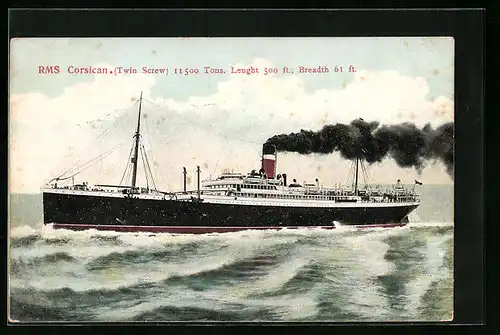 AK Passagierschiff RMS Corsican gibt Volldampf auf hoher See