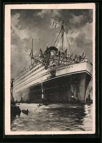 Künstler-AK Italienisches Passagierschiff MS Vulcania in der Bugansicht am Hafen