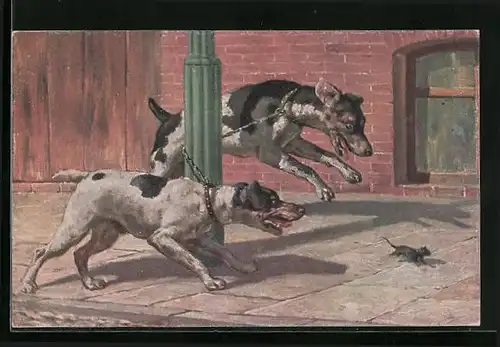 Künstler-AK Zwei Hunde kollidieren mit ihrer Kette am Laternenpfahl bei der Jagd nach einer Maus