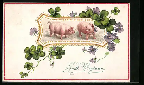 Künstler-AK Zwei Schweinchen umrahmt von Glücksklee und Blumen - Neujahrsgruss