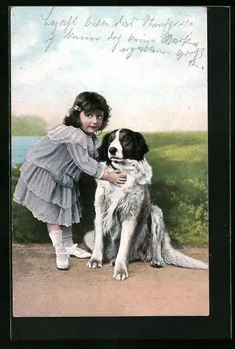 Künstler-AK Mädchen mit sitzendem Bernhardiner auf einem Weg