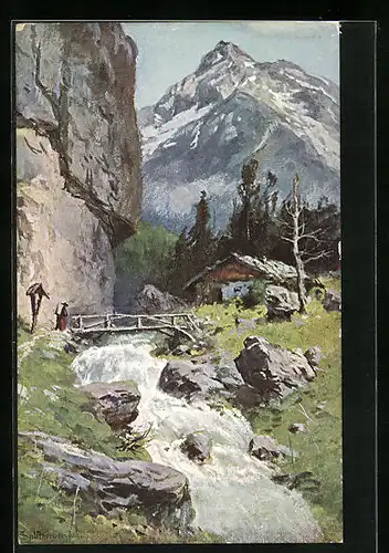 Künstler-AK August Splitgerber: Gebirgsfluss an einer steilen Klippe mit Brücke und Wegkreuz