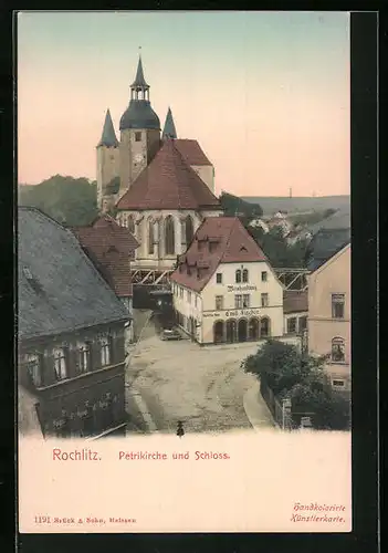 AK Rochlitz, Petrikirche und Schloss mit Weinhandlung von Emil Fischer