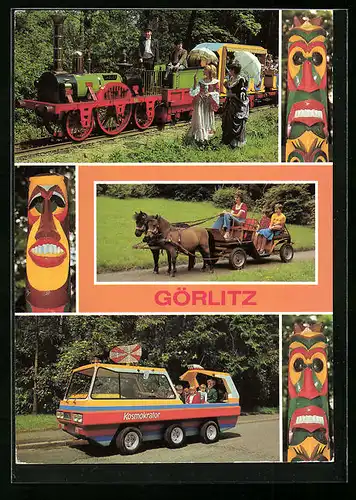 AK Görlitz, Park der Thälmann-Pioniere, Oldtimer-Pioniereisenbahn, Ponygespann Tanja und Karino, Mondauto Kosmokrator