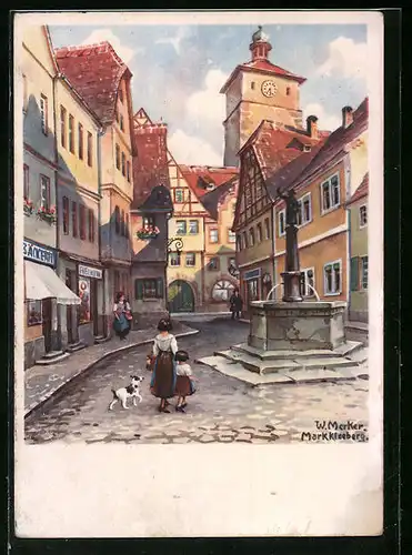 Künstler-AK Markkleeberg, Strassenpartie mit Geschäften und Brunnen