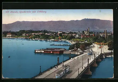 AK Zürich, Strassenbahn auf der Quaibrücke mit Uetliberg