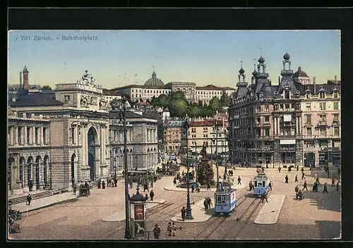 AK Zürich, Bahnhofplatz mit Strassenbahn