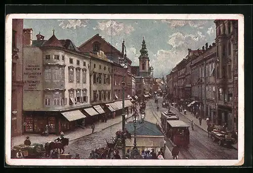 AK Linz a. d. Donau, Landstrasse mit Strassenbahn