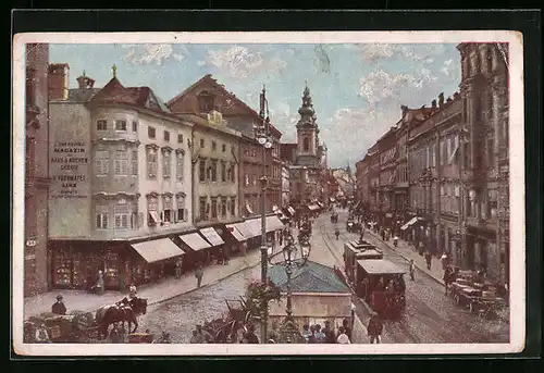 AK Linz a. d. Donau, Landstrasse mit Strassenbahn
