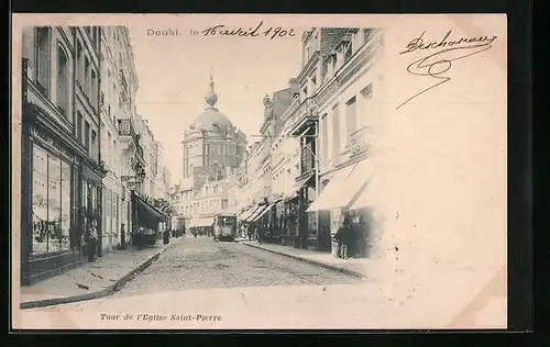 AK Douai, Tour de l`Eglise Saint-Pierre, Strassenbahn