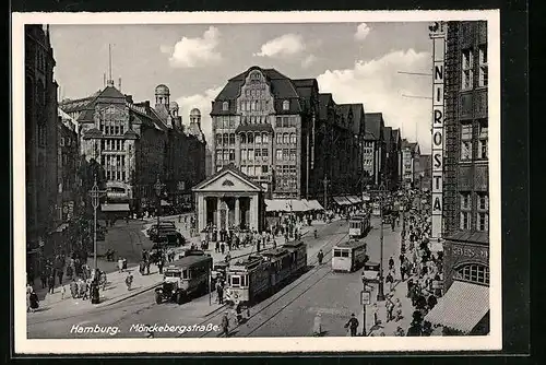 AK Hamburg, Mönckebergstrasse mit Strassenbahn