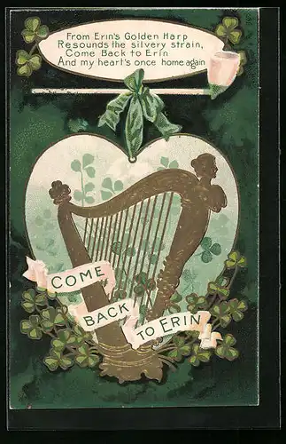 Präge-AK St. Patrick`s Day, Erin`s Golden Harp