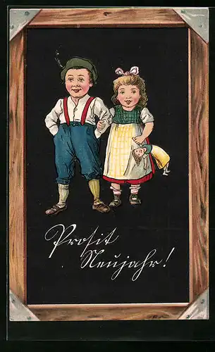AK Kinder mit Puppe auf Schultafel, Neujahr