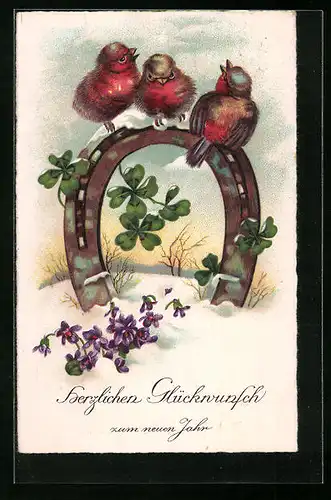 AK Vögel sitzen auf Hufeisen