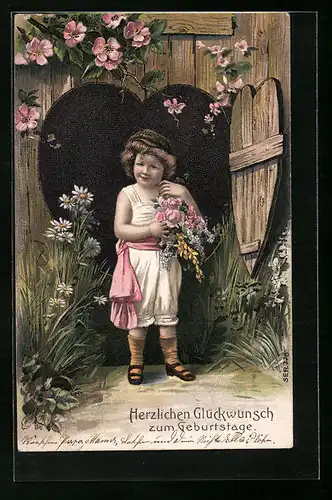 Präge-AK Kind mit Blumen zum Geburtstag