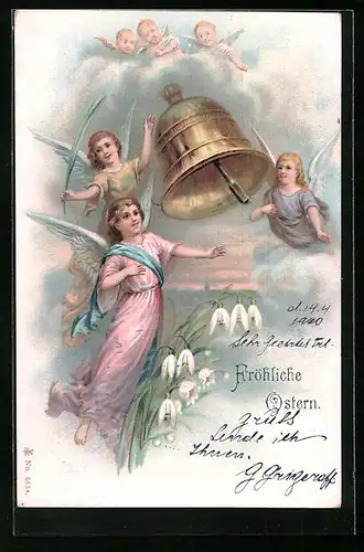 AK Osterengel mit Glocke in den Wolken