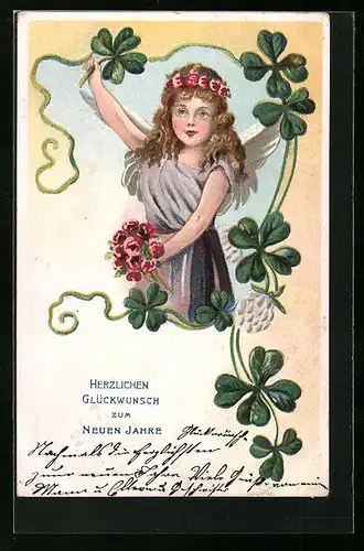 AK Engel mit Kleeblättern und Blumenstrauss