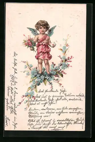 AK Engel mit Brief und Blumenstrauss