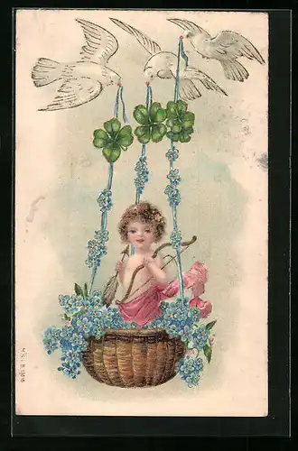 AK Amor im Korb mit Tauben
