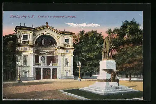 AK Karlsruhe, Festhalle u. Bismarck-Denkmal