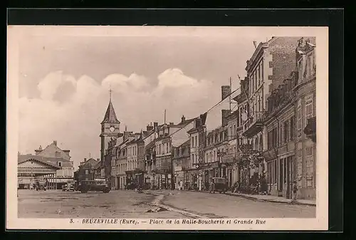 AK Beuzeville, Place de la Halle-Boucherie et Grande Rue