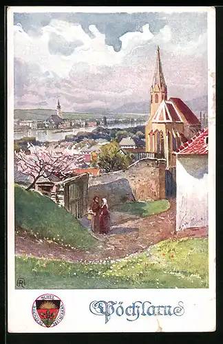 AK Deutscher Schulverein Nr. 288: Pöchlarn, Kirche im Ortsbild in der Frühlingssonne