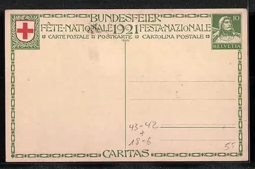 AK Schweizer Bundesfeier 1921, Ganzsache, Krankenschwester vom Roten Kreuz