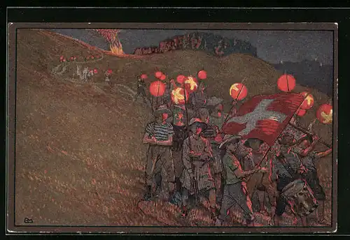 AK Schweizer Bundesfeier 1912, Schweizer Kinder mit Laternen, Ganzsache