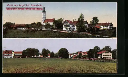 AK Arget bei Sauerlach, Ortspartie mit Gasthaus und Kirche