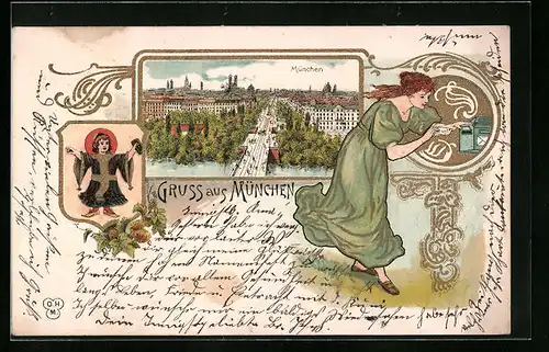 Lithographie München, Panorama, Münchner Kindl, Briefkasten