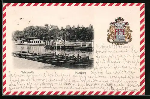 Passepartout-Lithographie Hamburg, Alsterpartie mit Panorama, Wappen