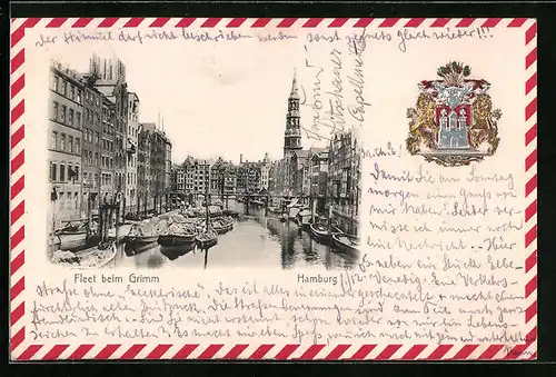 Passepartout-Lithographie Alt-Hamburg, Fleet beim Grimm, Wappen