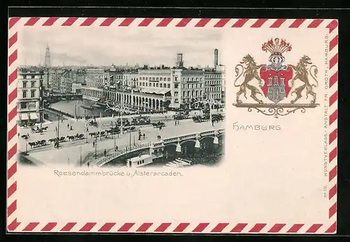 Passepartout-Lithographie Hamburg, Reesendammbrücke und Alsterarcaden, Wappen
