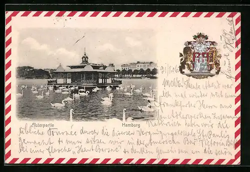 Passepartout-Lithographie Hamburg, Alsterpartie mit Höckerschwänen, Wappen