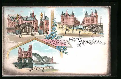 Lithographie Hamburg, Brooksbrücke, Kehrwiederfleet