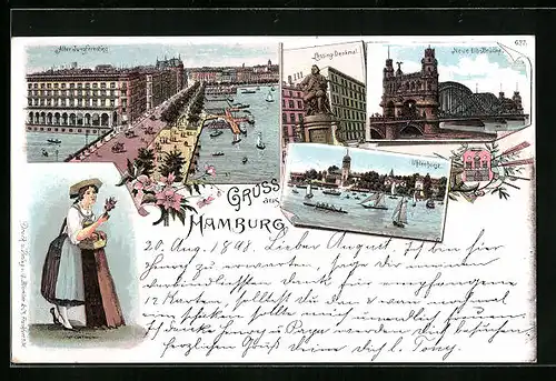 Lithographie Hamburg, Alter Jungfernstieg, Lessing-Denkmal, Neue Elbbrücke, Uhlenhorst