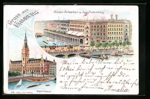 Lithographie Hamburg, Alster Arkaden und Jungfernstieg