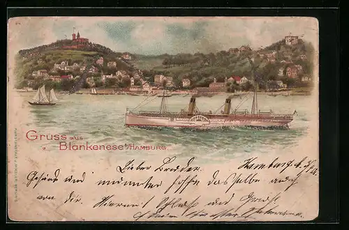 Lithographie Blankenese b. Hamburg, Ortsansicht mit Dampfer